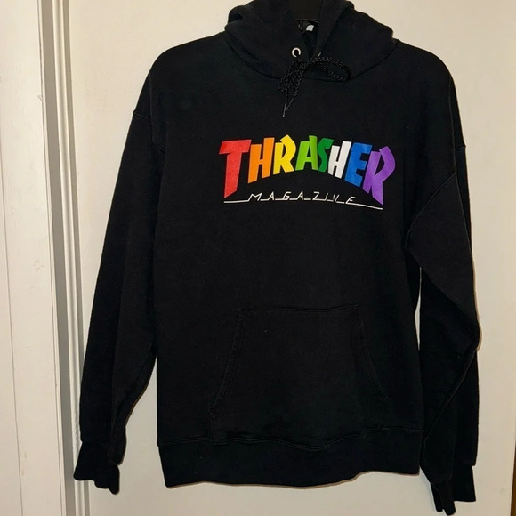 THRASHER Magazine Mag Black Drawstring Rainbow Hoodie Long Sleeve Sweatshirt MED - Picture 1 of 9